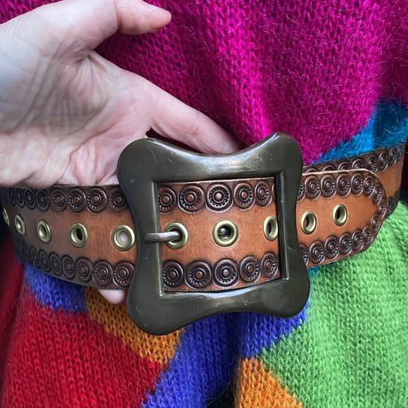 Vintage orange brown handmade wide leather belt